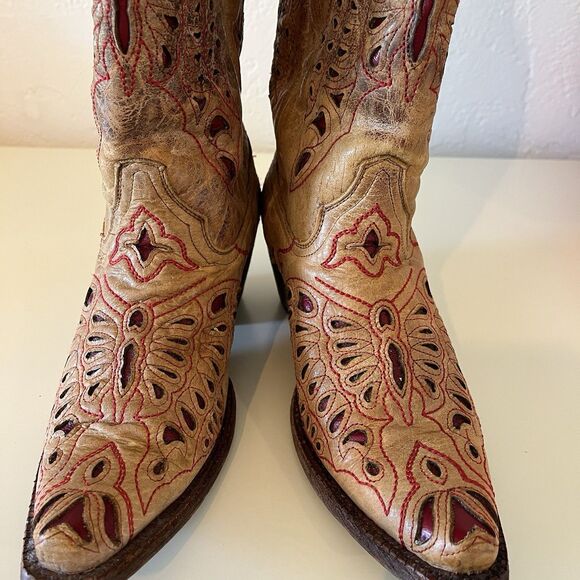 Corral Vintage Distressed Tan Red Butterfly Western Cowboy Boots A2047 Ladies 9M - Picture 2 of 12